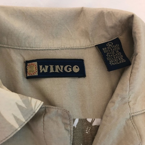 Vintage WINGO Button Shirt Men's Large Tan Blue Hawaiian Floral Short Sleeve - Picture 4 of 7